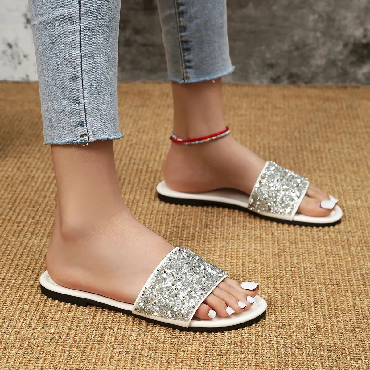 Women's New Round Head Luxury Water Diamond Women's Shoes Anti Slip PU Beach Dress Slippers